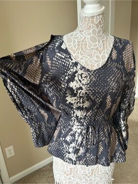 Express Navy and Cream Printed Peplum Blouse